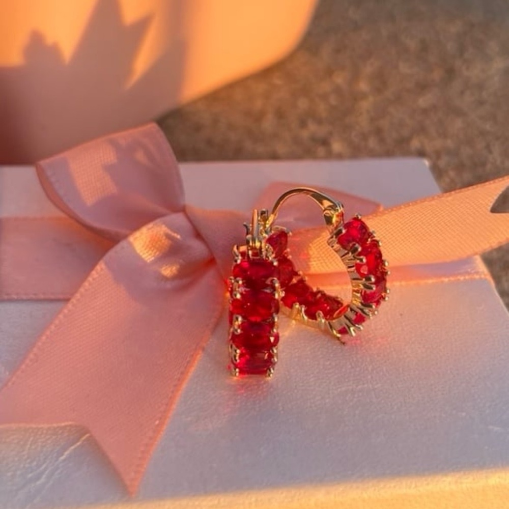 925/18K gold plated ruby oval cut inside out hoop earrings with swarovski #123 - Picture 10 of 13